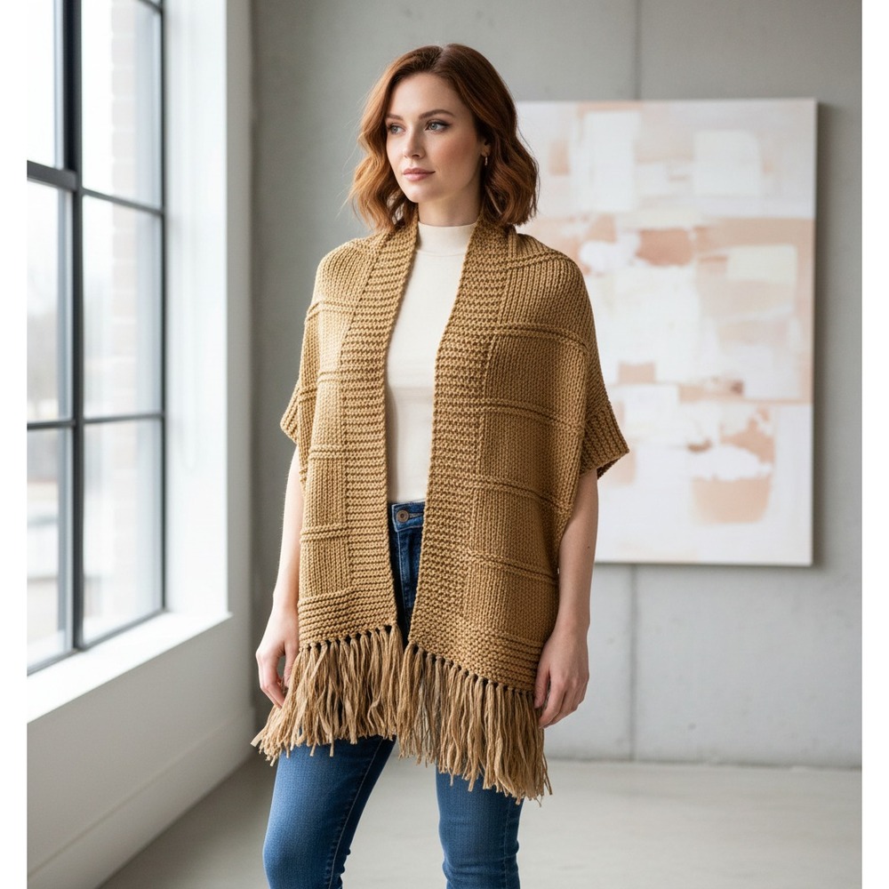 NEW Tan Brown Hand Knitted Shawl Wrap Scarf‎ Boho Hippie Earthy Artsy Cottage